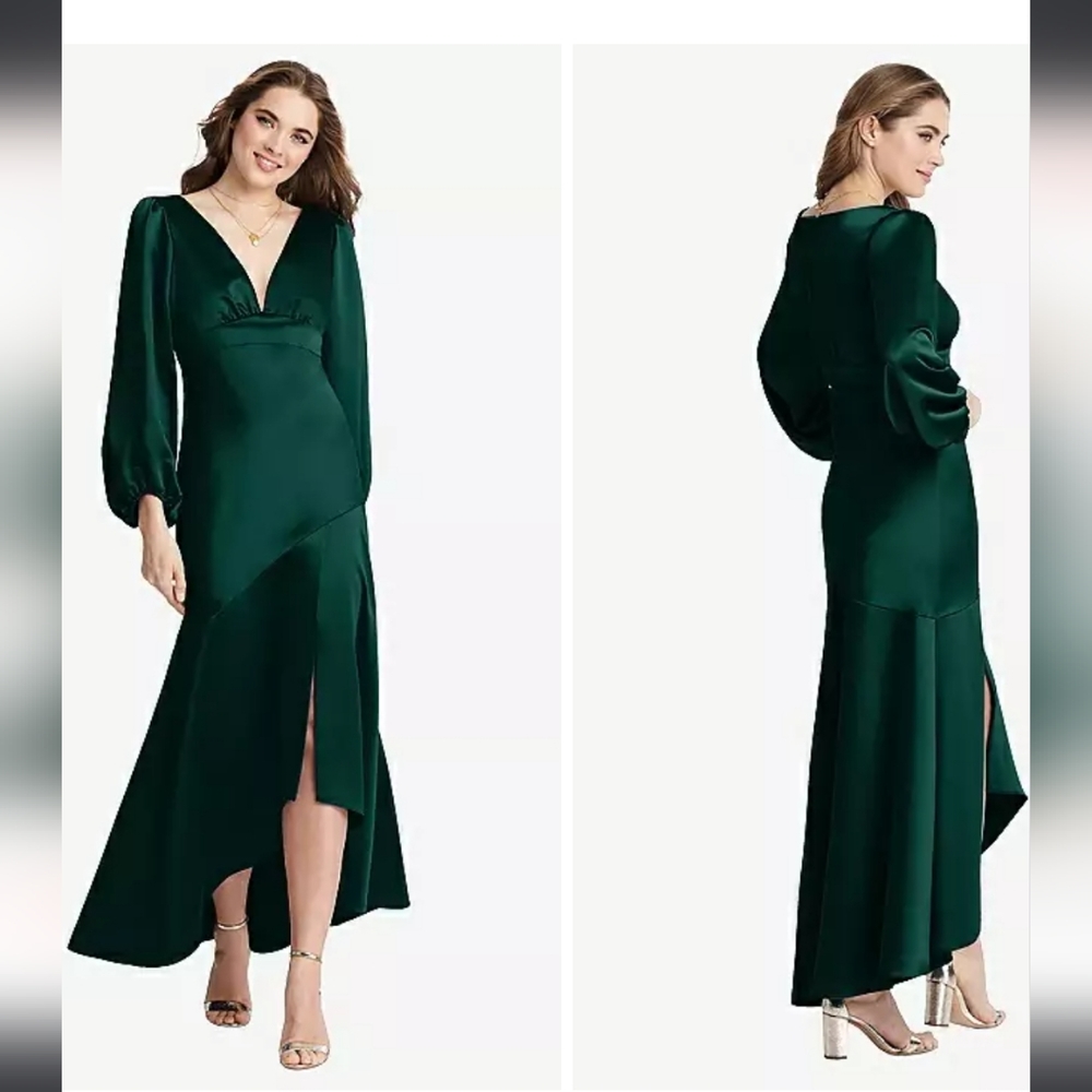 Lovely Puff Sleeve Asymmetrical Drop-Waist High-Low Slip Dress In Evergr…